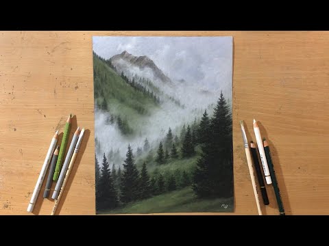 Видео: Туманный пейзаж цветными карандашами