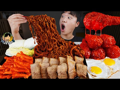 Видео: ASMR MUKBANG | Жареный цыпленок, стейк, лапша с черной фасолью, кимчи Корейская еда