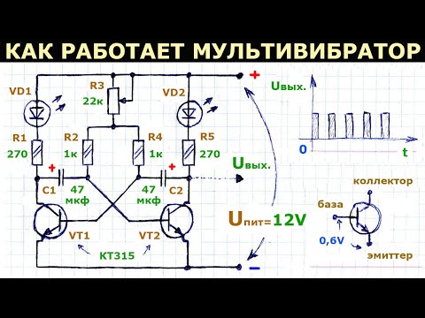 Видео: Как работает простая схема симметричного мультивибратора на транзисторах, описание принципа действия