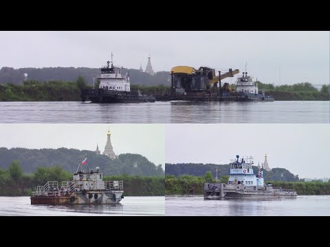 Видео: Буксиры-толкачи"РТ-319"и "Геннадий Уралëв" ведут плавучий кран"ПК-16"следом буксир-толкач "Перевал"!