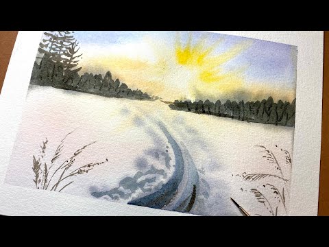 Видео: Очень простой зимний пейзаж акварелью. Зимнее поле со снегом на рассвете