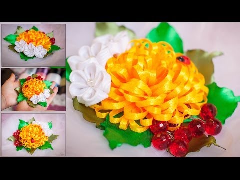 Видео: Яркая Летняя Композиция Канзаши МК / узкая лента / DIY Kanzashi / Tutorial