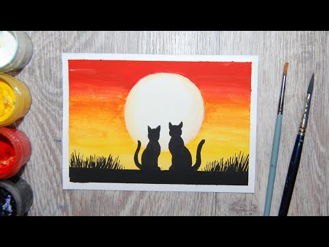 Видео: Как нарисовать котиков на закате гуашью