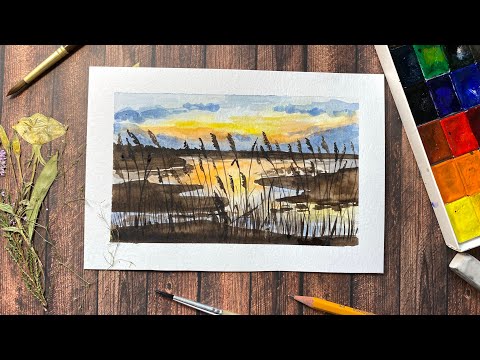 Видео: Акварель для начинающих. Рисуем закат на озере. Пейзаж акварелью