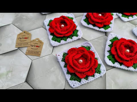 Видео: Crochet square motif master class | Вяжем крючком красивый квадратный мотив с объёмным цветком розы